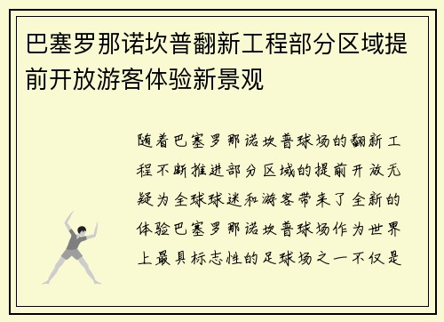 巴塞罗那诺坎普翻新工程部分区域提前开放游客体验新景观