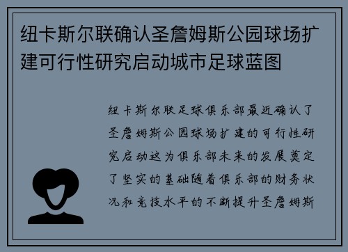 纽卡斯尔联确认圣詹姆斯公园球场扩建可行性研究启动城市足球蓝图